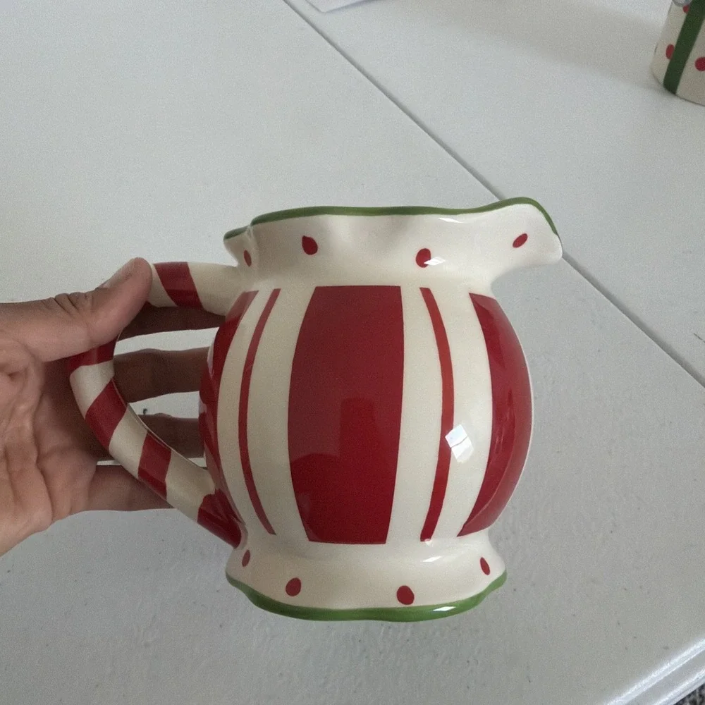 Ceramic Pitcher Cream Colored w/Red Hearts and Red & Green Stripes-Medium Size